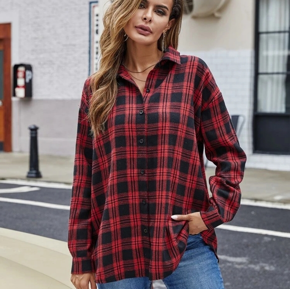 shein curve Tops - Shein Curve Red/black Flannel Shirt